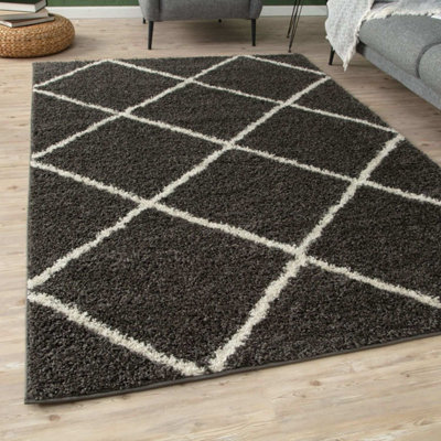 B&Q -  Moroccan Shaggy Rugs And Runners Soft Fluffy Diamond Design High Pile Dark Grey And Ivory Living Room Kitchen Hallway 540