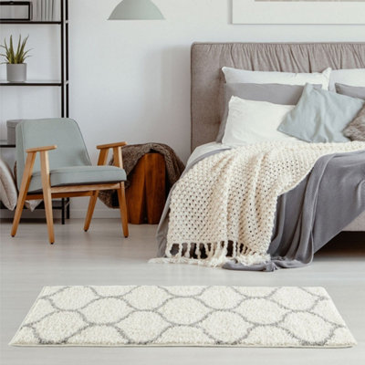 B&Q -  Moroccan Shaggy Rugs And Runners Soft Fluffy Trellis Design High Pile Ivory And Grey Living Room Kitchen Hallway 600