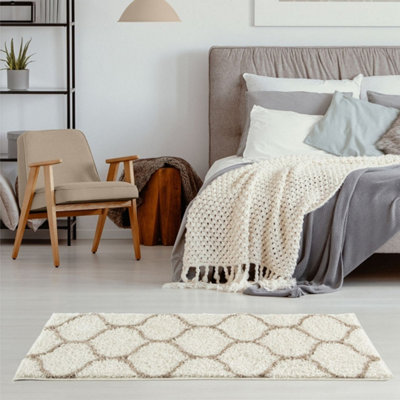 B&Q -  Moroccan Shaggy Rugs And Runners Soft Fluffy Trellis Design High Pile Ivory And Beige  Living Room Kitchen Hallway 630