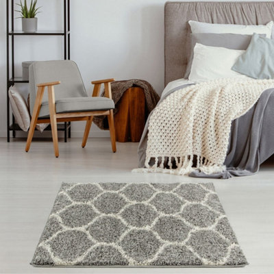 The Rugs Moroccan Shaggy Rugs And Runners Soft Fluffy Trellis Design High Pile Grey And Ivory  Living Room Kitchen Hallway 610 from B&Q