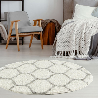 B&Q -  Moroccan Shaggy Rugs And Runners Soft Fluffy Trellis Design High Pile Ivory And Grey Living Room Kitchen Hallway 600