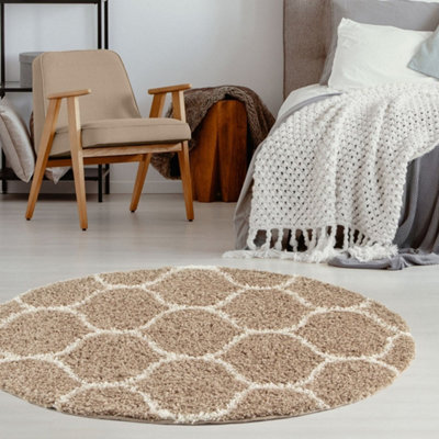 B&Q -  Moroccan Shaggy Rugs And Runners Soft Fluffy Trellis Design High Pile Beige And Ivory  Living Room Kitchen Hallway 620