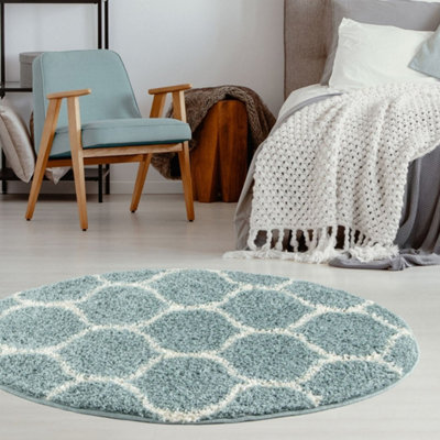 B&Q -  Moroccan Shaggy Rugs And Runners Soft Fluffy Trellis Design High Pile Duck Egg Blue And Ivory Living Room Kitchen Hallway 650