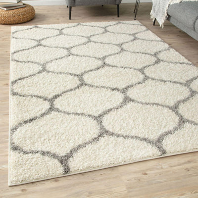 B&Q -  Moroccan Shaggy Rugs And Runners Soft Fluffy Trellis Design High Pile Ivory And Grey Living Room Kitchen Hallway 600