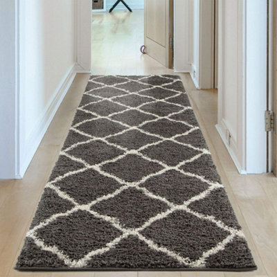 B&Q -  Moroccan Shaggy Rugs And Runners Soft  High Pile Dark Grey And Ivory Living Room Kitchen Hallway 740
