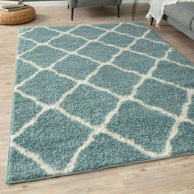B&Q -  Moroccan Shaggy Rugs And Runners Soft  High Pile Duck Egg Blue And Ivory Living Room Kitchen Hallway 750