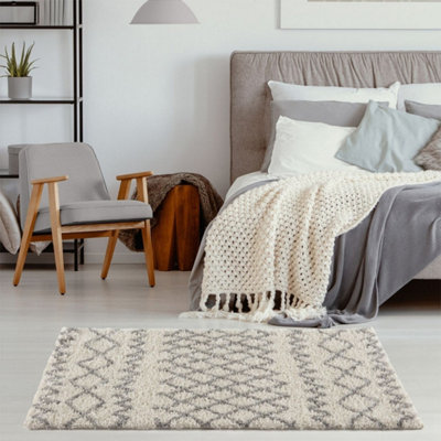 The Rugs Moroccan Shaggy Living Room Rug 900 Ivory/Grey