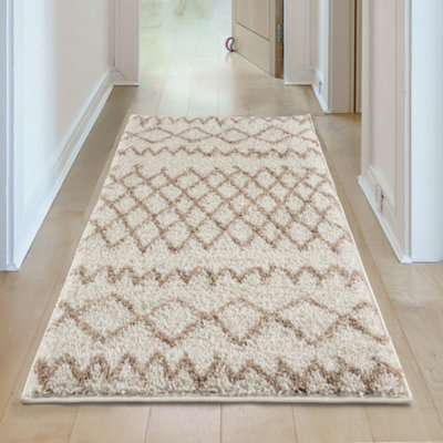 B&Q -  Moroccan Shaggy Rugs And Runners Soft Fluffy Tribal Design High Pile Ivory And Beigeliving Room Kitchen Hallway 930
