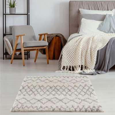 The Rugs Moroccan Shaggy Living Room Rug 900 Ivory/Grey