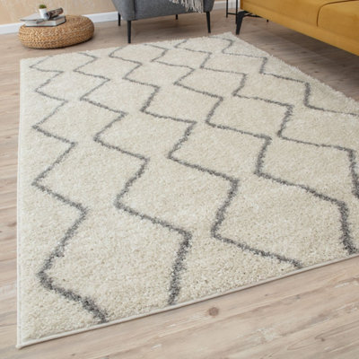 The Rugs Moroccan Shaggy Living Room Rug 800 Ivory/Grey