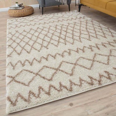 B&Q -  Moroccan Shaggy Rugs And Runners Soft Fluffy Tribal Design High Pile Ivory And Beigeliving Room Kitchen Hallway 930
