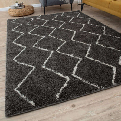 B&Q -  Moroccan Shaggy Rugs And Runners Soft Fluffy Wavy Trellis Design High Pile Dark Grey And Ivory Living Room Kitchen Hallway 840