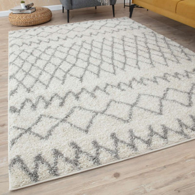 The Rugs Moroccan Shaggy Living Room Rug 900 Ivory/Grey
