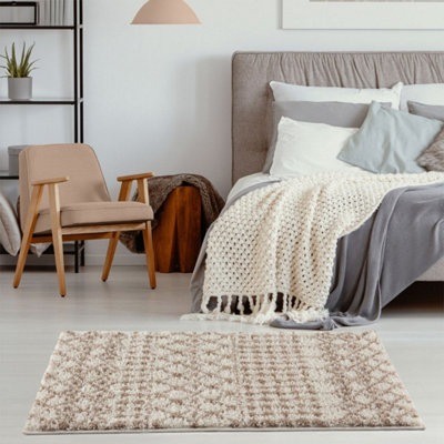 B&Q -  Soft Moroccan Diamond Shaggy Rugs And Runners High Pile Ivory And Beige Living Room Kitchen Hallway 1030