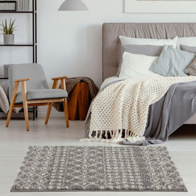 B&Q -  Soft Moroccan Diamond Shaggy Rugs And Runners High Pile Grey And Ivory Living Room Kitchen Hallway 1010