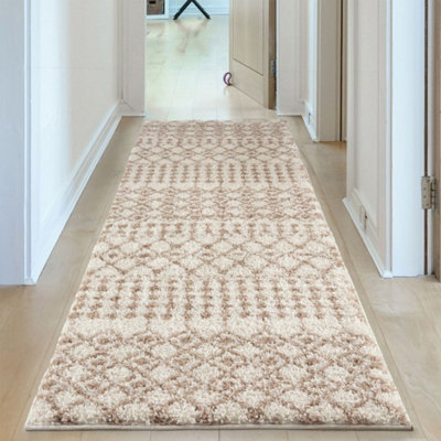 B&Q -  Soft Moroccan Diamond Shaggy Rugs And Runners High Pile Ivory And Beige Living Room Kitchen Hallway 1030