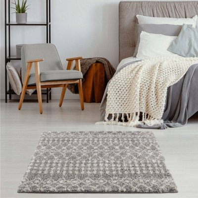 B&Q -  Soft Moroccan Diamond Shaggy Rugs And Runners High Pile Grey And Ivory Living Room Kitchen Hallway 1010