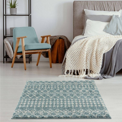 The Rugs Moroccan Duck Egg Shaggy Living Room Rug 1050 Blue