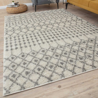 B&Q -  Soft Moroccan Diamond Shaggy Rugs And Runners High Pile Ivory And Grey Living Room Kitchen Hallway 1000