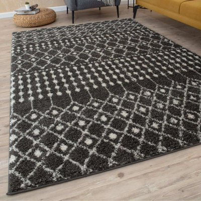 B&Q -  Soft Moroccan Diamond Shaggy Rugs And Runners High Pile Dark Grey And Ivory Living Room Kitchen Hallway 1040