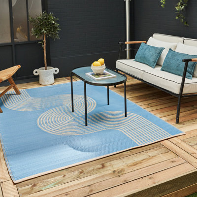 B&Q -  Urban Reversible Two Sided Waterproof Abstract Outdoor Patio Garden Rug Blue&beige Weatherproof Jet Washable 1010