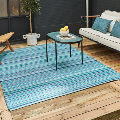 B&Q -  Rainbow Reversible Waterproof Outdoor Patio Garden Rug Blue Weatherproof Jet Washable 1020
