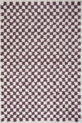 The Rugs Purple Moodi Shaggy Mosscheck Rug Runner Tartan Thick High Pile For Living Rooms, Bedrooms, Hallways, Kitchens Size 6
