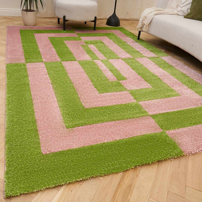 The Rugs Joli Green And Pink Geometric Rug Soft Dense Pile Easy To Clean And Pet Friendly For Living Rooms And Bedrooms from B&Q