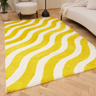 The Rugs Joli Yellow And White Wavy Rug Soft Dense Pile Easy To Clean And Pet Friendly For Living Rooms And Bedrooms from B&Q