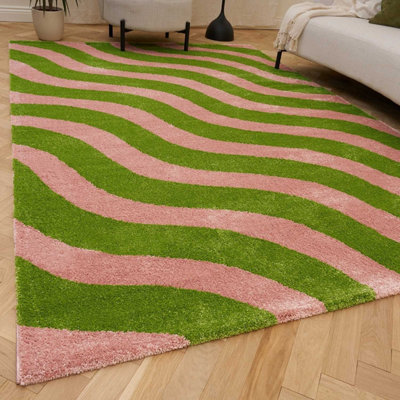 The Rugs Joli Green And Pink Wavy Rug Soft Dense Pile Easy To Clean And Pet Friendly For Living Rooms And Bedrooms from B&Q