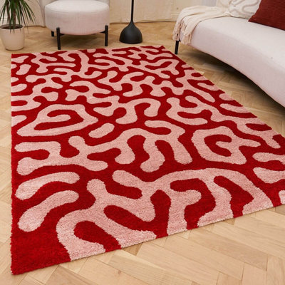 The Rugs Red/Pink Joli And Abstract Doodle Rug Soft Dense Pile Easy To Clean And Pet Friendly For Living Rooms And Bedrooms Small