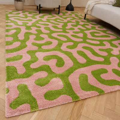The Rugs Green/Pink Joli And Abstract Doodle Rug Soft Dense Pile Easy To Clean And Pet Friendly For Living Rooms And Bedrooms Small
