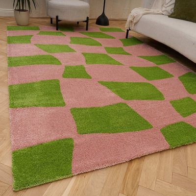 The Rugs Joli Green And Pink Chequered Rug Soft Dense Pile Easy To Clean And Pet Friendly For Living Rooms And Bedrooms from B&Q
