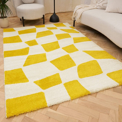 The Rugs Joli Yellow And White Chequered Rug Soft Dense Pile Easy To Clean And Pet Friendly For Living Rooms And Bedrooms from B&Q