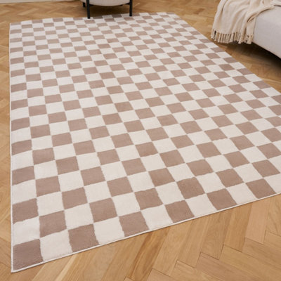 The Rugs Loft Beige And Ivory Checkerboard Living Room Area Rug And Runners Soft Pile from B&Q