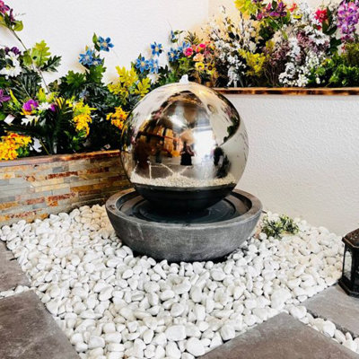 Outdoor Living UK Large Stainless Sphere Resin Base Mains Power Water Feature from B&Q