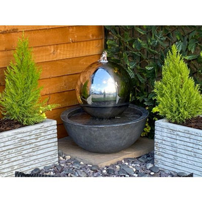 Outdoor Living UK Small Stainless Sphere Resin Base Mains Power Water Feature With Cover from B&Q