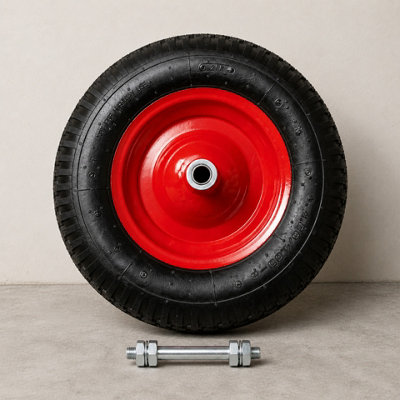 B&Q -  Replacement 16" X 4" Pneumatic Heavy Duty Garden Wheelbarrow Wheel & Axel In Red