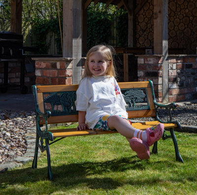 B&Q -  Kids 2 Seater Wooden & Cast Iron Garden Patio Childrens Bench With Animal Design