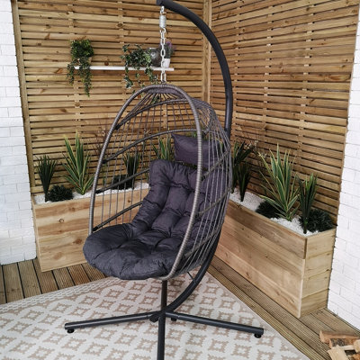 B&Q -  Grey Hanging Egg Chair With Stand Waterproof Cover And Cushions Steel Frame Rattan