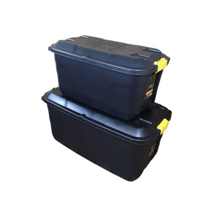 Samuel Alexander 1 X 145L And 1 X 75L Heavy Duty Trunks On Wheels SturdyLockableStackable And Nestable Design Storage Chest With Clips In Black from B&Q