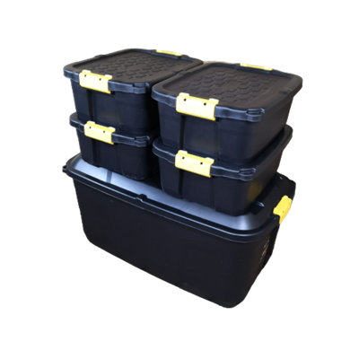 Samuel Alexander 1 X 145L And 4 X 24L Heavy Duty Trunks 1 On Wheels SturdyLockableStackable And Nestable Design Storage Chest Clips In Black from B&Q