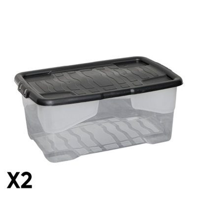 Samuel Alexander 2 X 42L Clear Storage Box With Lid, Stackable And Nestable Design Storage Solution Black