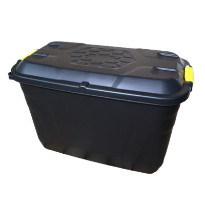 Black 110L Heavy Duty Trunk On Wheels Sturdy, Lockable, Stackable And Nestable Design Storage Chest With Clips In - Image 8