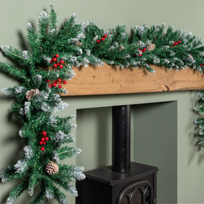 Samuel Alexander 2.7M Snow Tipped Christmas Garland With Berries, Cones & Bullet Tips Red