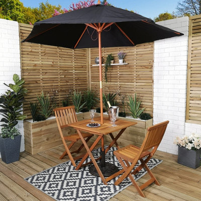 Samuel Alexander Outdoor 2 Person Folding Square Wooden Garden Dining Table Chairs Black Parasol And Base Set from B&Q