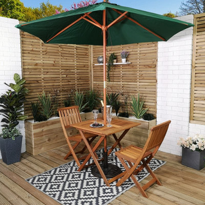 Samuel Alexander Outdoor 2 Person Folding Square Wooden Garden Dining Table Chairs Green Parasol And Base Set from B&Q