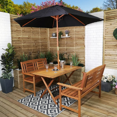 Lyte Outdoor 4 Person Folding Rectangular Wooden Garden Patio Dining Table Benches Parasol And Base Set from B&Q