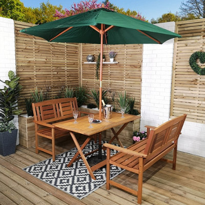 Lyte Outdoor 4 Person Folding Rectangular Wooden Garden Patio Dining Table Benches Parasol And Base Set from B&Q