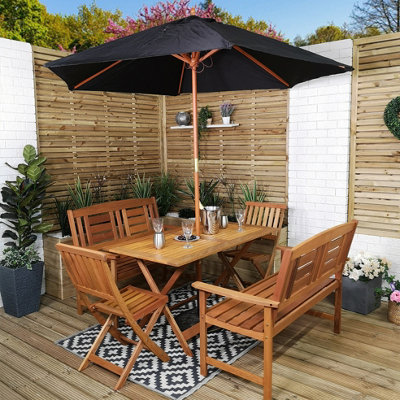 Lyte Outdoor 6 Person Folding Rectangular Wooden Garden Patio Dining Table Chairs And 2 Benches Parasol And Base Set from B&Q